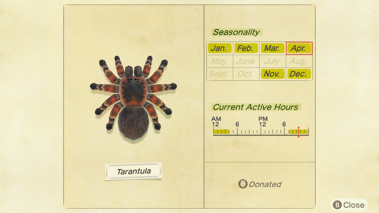 Tarantulas leave Animal Crossing at the end of April